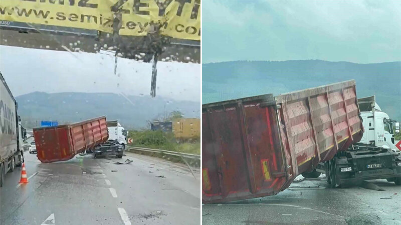 Bursa’da damperi açılan TIR üstgeçide çarptı Bursa’nın Gemlik ilçesinde seyir halindeki tırın damperi açılarak üstgeçide çarptı.