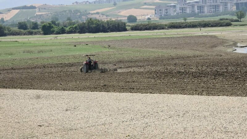 Bursa’da 7 aydır su tutmayan gölet alanında tarımsal üretim Bursa'nın İnegöl ilçesindeki 7 aydır su tutmayan Hamzabey Göleti'ne ekim