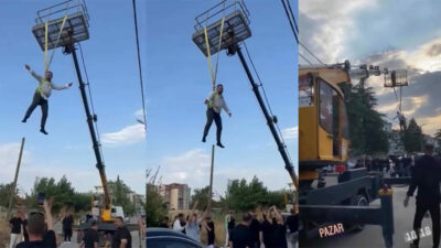 Görüntüler Bursa’dan… Damadı vinçte sallandırdılar