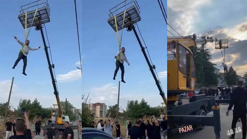 Görüntüler Bursa’dan… Damadı vinçte sallandırdılar