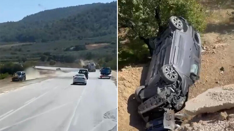 Bursa’da tarlaya böyle uçtu Bursa’nın İznik ilçesinde bir kamyonetin tarlaya uçma anı arkadan gelen