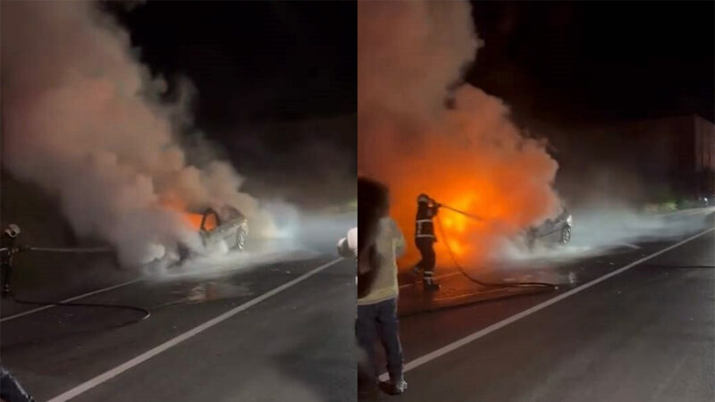 Bursa’nın İnegöl ilçesinde seyir halindeyken motor kısmından alev alan otomobil,