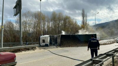 Pancar yüklü TIR devrildi