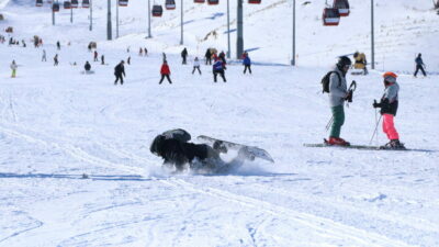 Kayak ve snowboard yaparken düşenler kamerada!