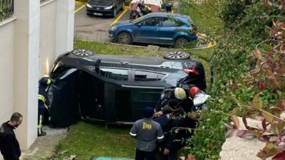 Otomobil apartman bahçesine uçtu
