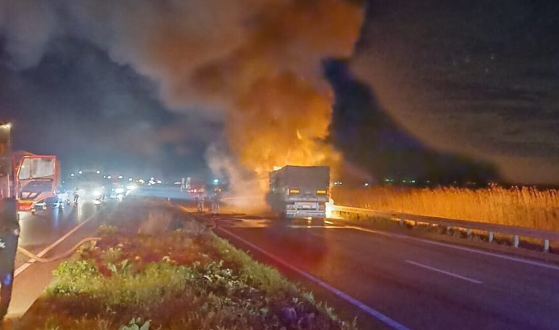 Bursa’nın Karacabey ilçesinde seyir halindeki buğday yüklü TIR'da çıkan yangın,