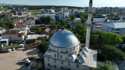 Bursa’da caminin kubbesine yuva yapan leyleklerden anne leyleğin yavrularını güneşten