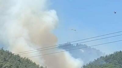 Manisa'nın Soma ilçesinde orman yangını çıktı. Ekipler, alevlere havadan ve