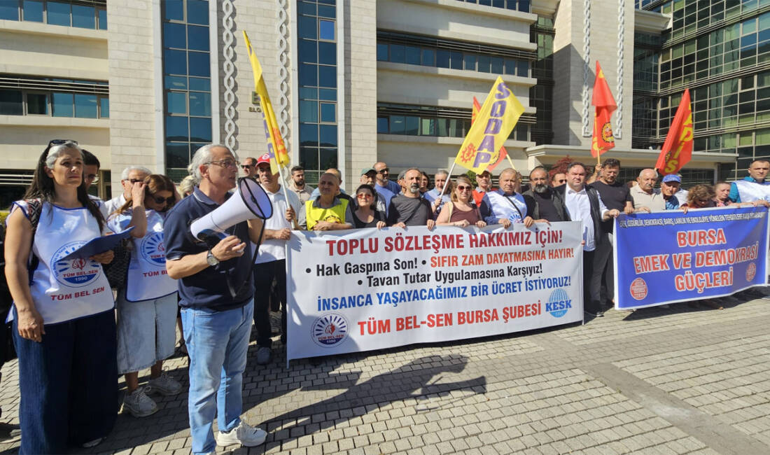 TÜM BEL-SEN’ Bursa Büyükşehir binası önünde açıklama Bursa Büyükşehir Belediye Meclisi’nin haziran ayı 2. oturumu öncesinde, TÜM