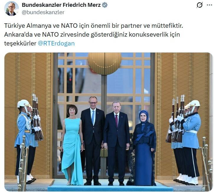 Almanya Şansölyesi Friedrich Merz’den Türkçe paylaşım 36. NATO Zirvesine katılan Almanya Şansölyesi Friedrich Merz’den sosyal medya