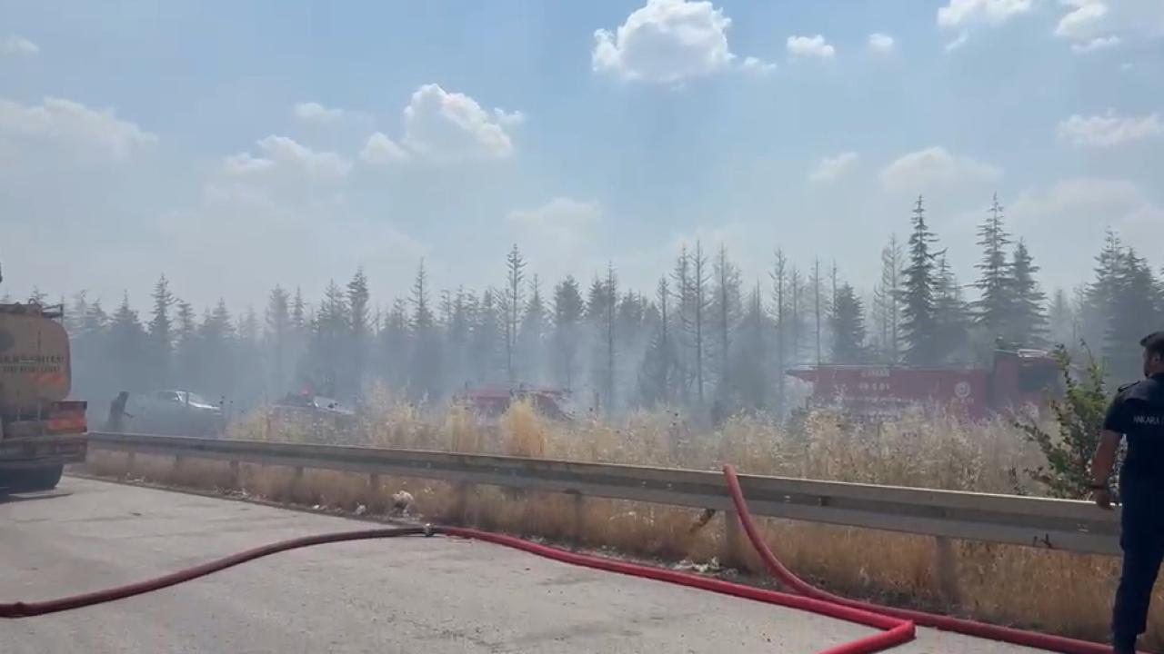 Ankara'nın Yenimahalle ilçesinde çıkan ot yangınına havadan ve karadan müdahale